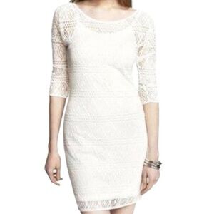 Express Womens Bodycon Dress XSmall Ivory Open Lace 3/4 Sleeve Crew Neck Lined